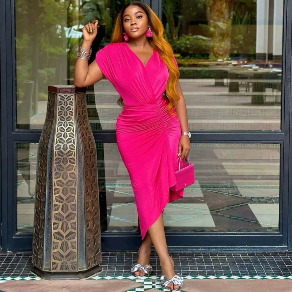 Solid Color Ruched Waist Bodycon African Style Summer Maxi Dress